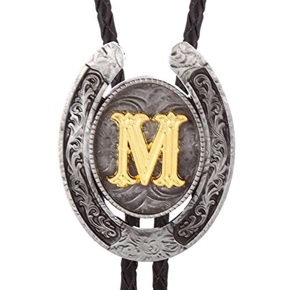 Vintage Gold Letter ABCDEFG-Z U shape bolo tie for man Indian cowboy western cowgirl leather rope zinc alloy necktie