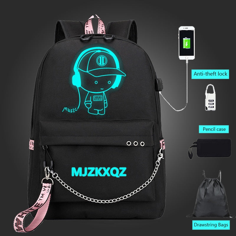 Mjzkxqz Student School Backpack Luminous USB Charge School Bag For Teenager Boy Anti-Theft Children&#39;s Schoolbags Laptop Backpack