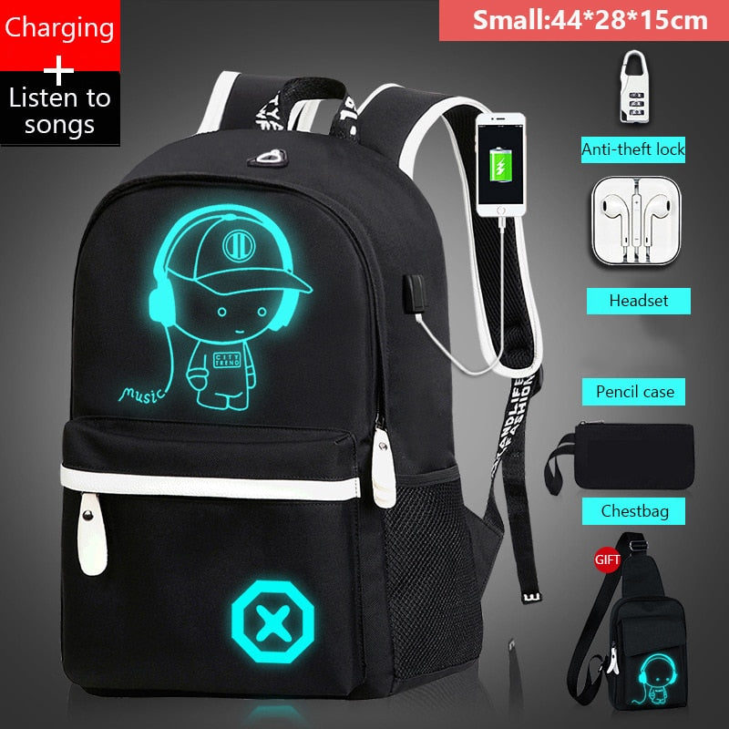 Mjzkxqz Student School Backpack Luminous USB Charge School Bag For Teenager Boy Anti-Theft Children&#39;s Schoolbags Laptop Backpack