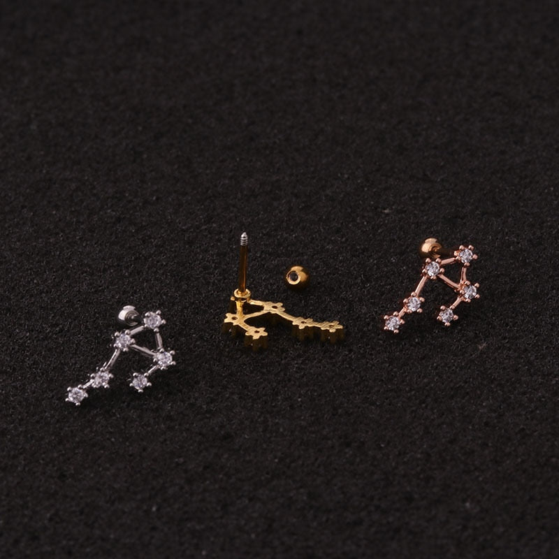 1 Pcs Twelve Constellation Star Cartilage Earring Non-Allergic Silver Color CZ Zodiac Screw Piercing Ear Decor Jewelry Gift