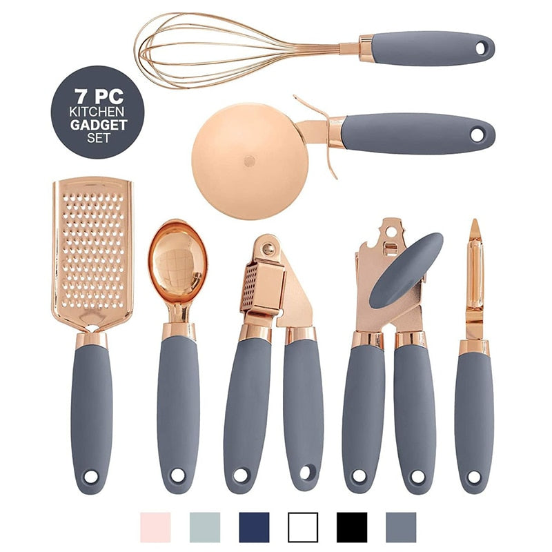 7-Piece Kitchen Gadgets Set Copper Coated Stainless Steel Utensils with Soft Touch Handles, Garlic Press Whisk Cheese Grater