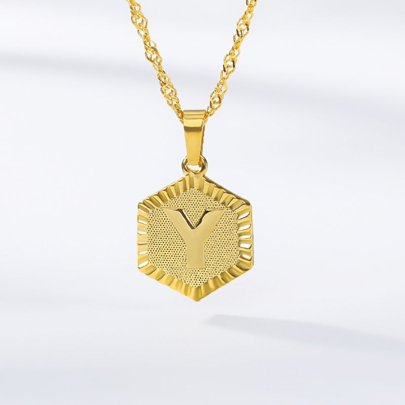 A-Z Letter Hexagon Initial Necklaces For Women Men Gold Color Stainless Steel Neck Chain Male Female Pendant Necklace Jewelry