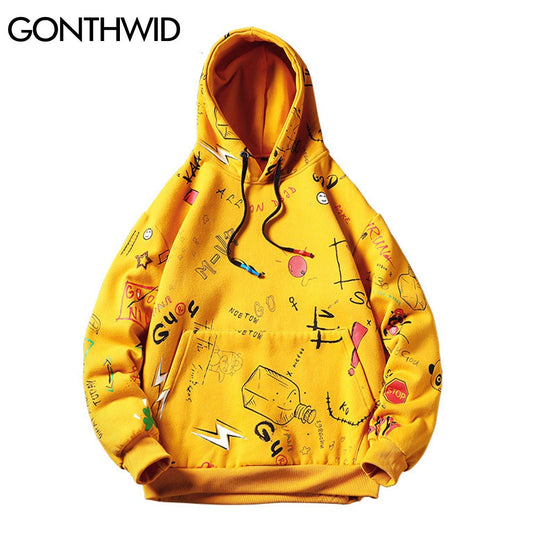 GONTHWID Japanese Anime Graffiti Print Hooded Sweatshirts Streetwear Hip Hop Harajuku Casual Pullover Hoodies Mens Fashion Tops