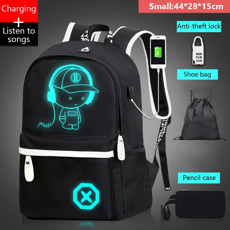 Mjzkxqz Student School Backpack Luminous USB Charge School Bag For Teenager Boy Anti-Theft Children&#39;s Schoolbags Laptop Backpack