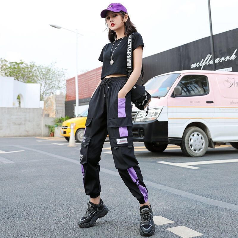 Cargo Pants Women&#39;s Summer Thin 2020 High Waist Loose Casual Sports Pants Trousers Women Lace Up Pants Black White Spliced Pants