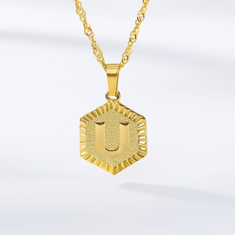 A-Z Letter Hexagon Initial Necklaces For Women Men Gold Color Stainless Steel Neck Chain Male Female Pendant Necklace Jewelry