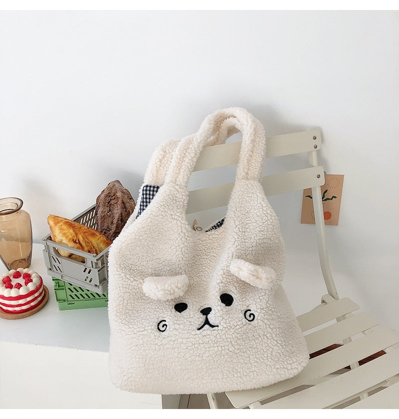 New Winter Soft Plush Tote Bag Women Cartoon Embroidery Imitation Lamb Hair Shoulder Bag For Women 2021 Shopper Bag Bolsa