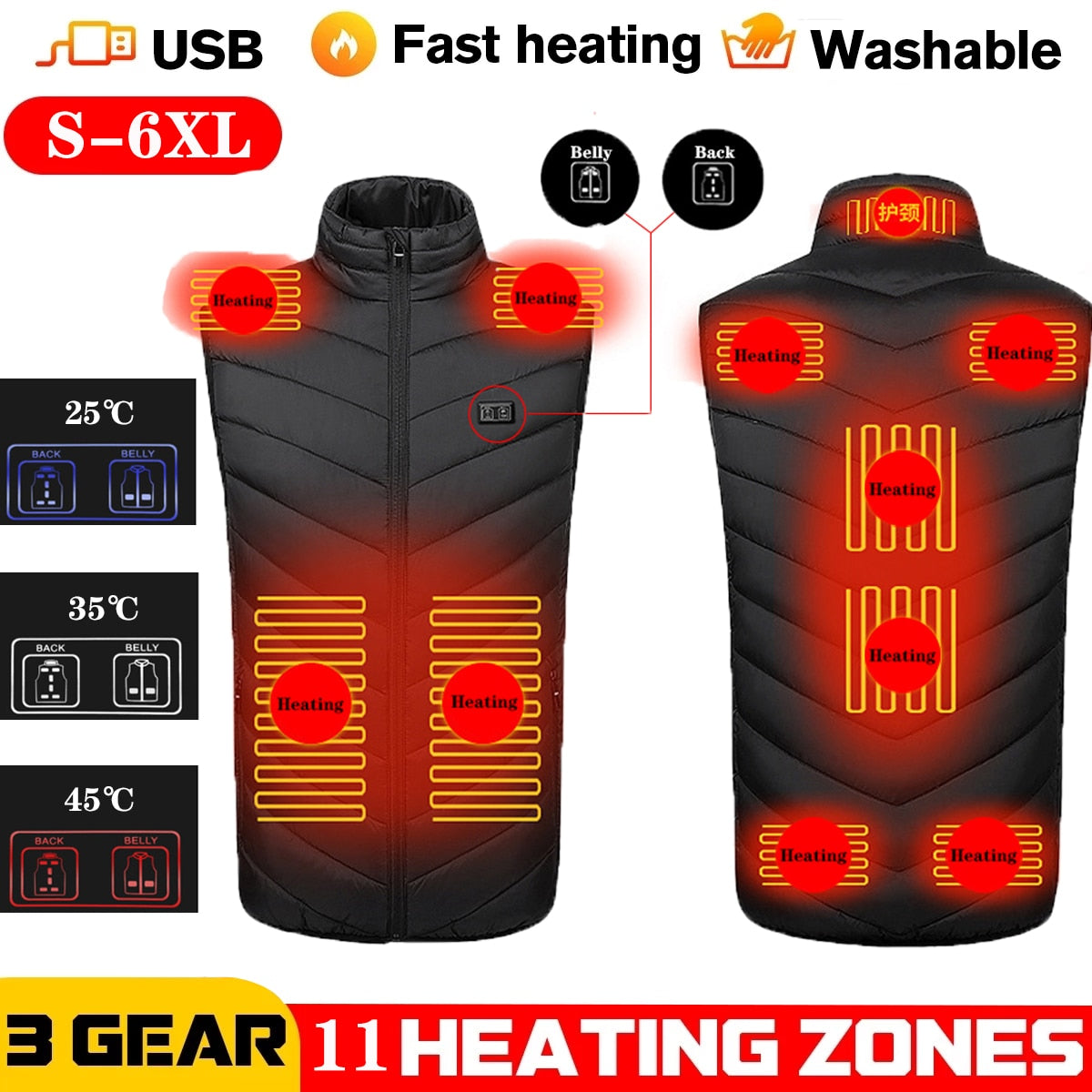 17/11 Places Heated Vest Men Women Usb Heated Jacket Heating Vest Thermal Clothing Hunting Vest Winter Heating Jacket BlackS-6XL