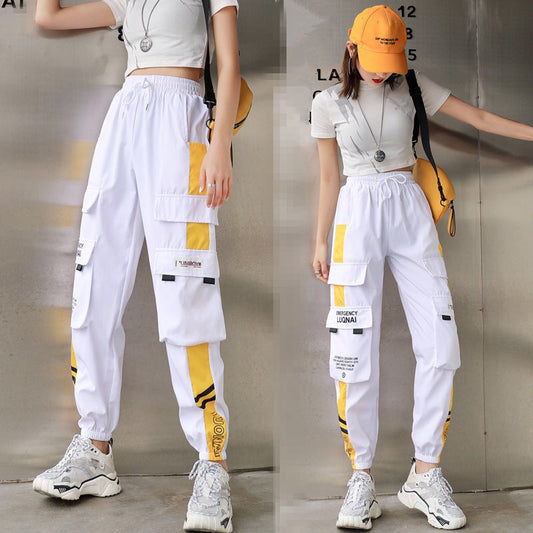 Cargo Pants Women&#39;s Summer Thin 2020 High Waist Loose Casual Sports Pants Trousers Women Lace Up Pants Black White Spliced Pants