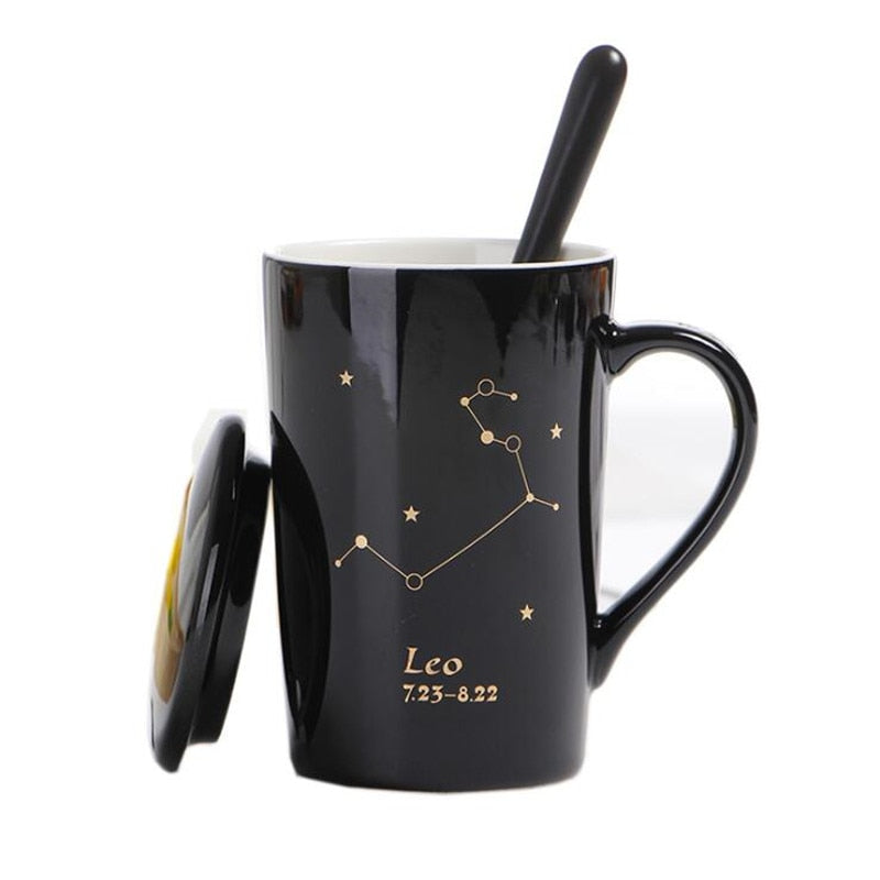 With Gift Box 12 Constellations Creative Ceramic Mugs with Spoon Lid Black and Gold Porcelain Zodiac Milk Coffee Cup 400ML Water