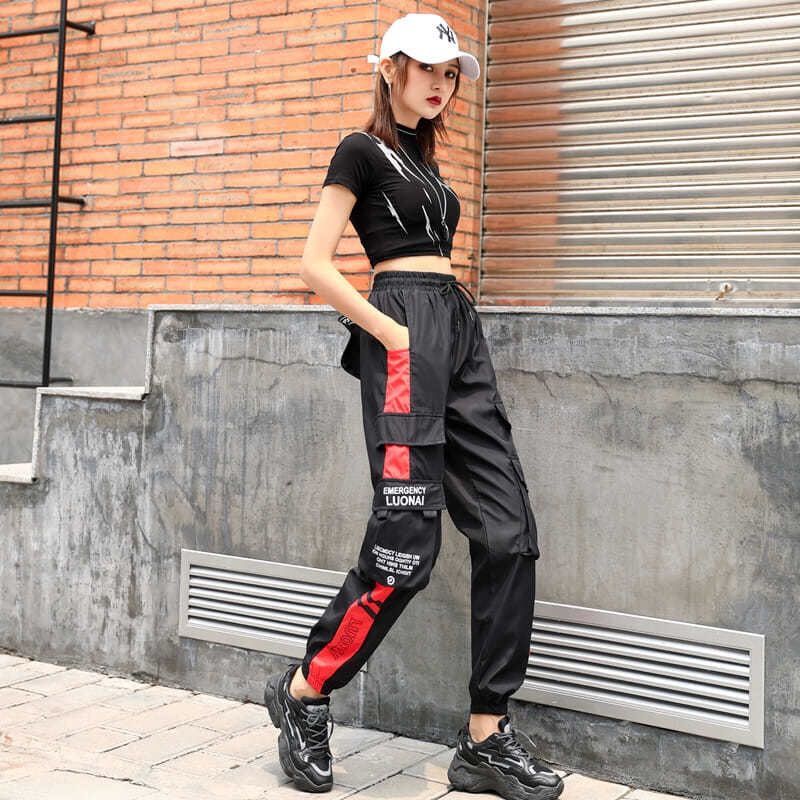 Cargo Pants Women&#39;s Summer Thin 2020 High Waist Loose Casual Sports Pants Trousers Women Lace Up Pants Black White Spliced Pants