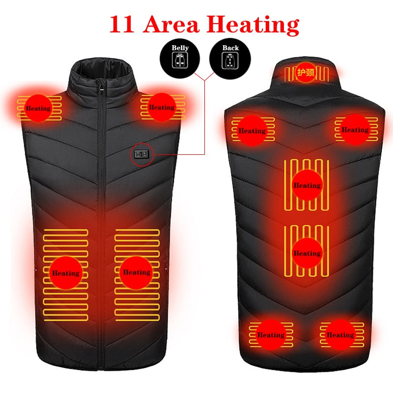 17/11 Places Heated Vest Men Women Usb Heated Jacket Heating Vest Thermal Clothing Hunting Vest Winter Heating Jacket BlackS-6XL