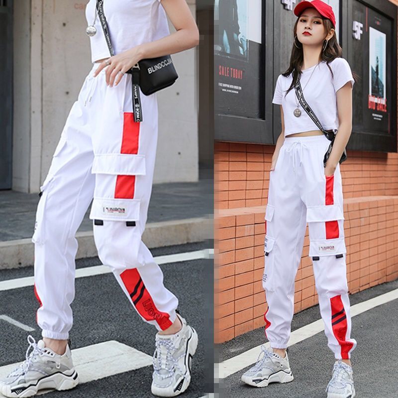 Cargo Pants Women&#39;s Summer Thin 2020 High Waist Loose Casual Sports Pants Trousers Women Lace Up Pants Black White Spliced Pants