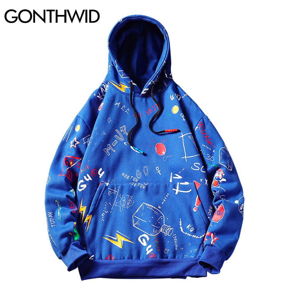 GONTHWID Japanese Anime Graffiti Print Hooded Sweatshirts Streetwear Hip Hop Harajuku Casual Pullover Hoodies Mens Fashion Tops