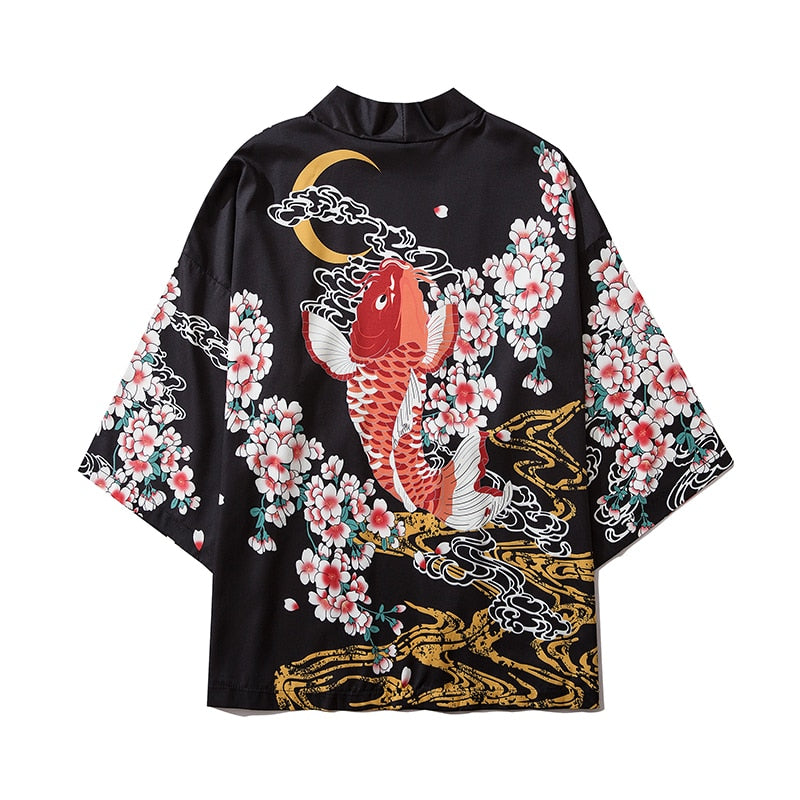 bebovizi Black Fashion Streetwear Beauty Print Kimono Cardigan Robe China Haori Obi Traditional Japanese Clothes for Women Men