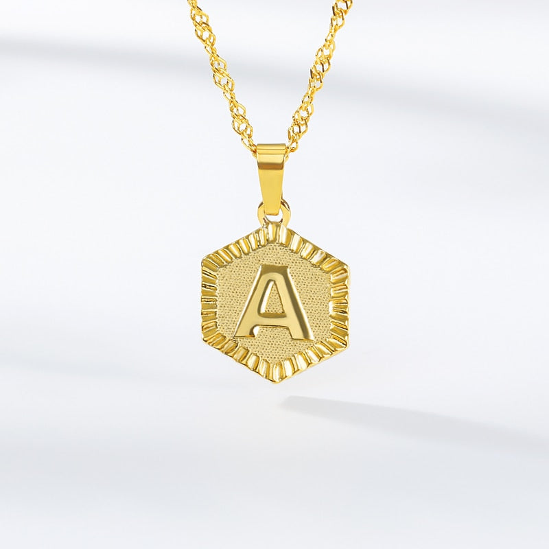 A-Z Letter Hexagon Initial Necklaces For Women Men Gold Color Stainless Steel Neck Chain Male Female Pendant Necklace Jewelry