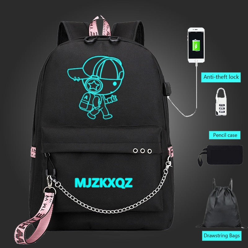 Mjzkxqz Student School Backpack Luminous USB Charge School Bag For Teenager Boy Anti-Theft Children&#39;s Schoolbags Laptop Backpack