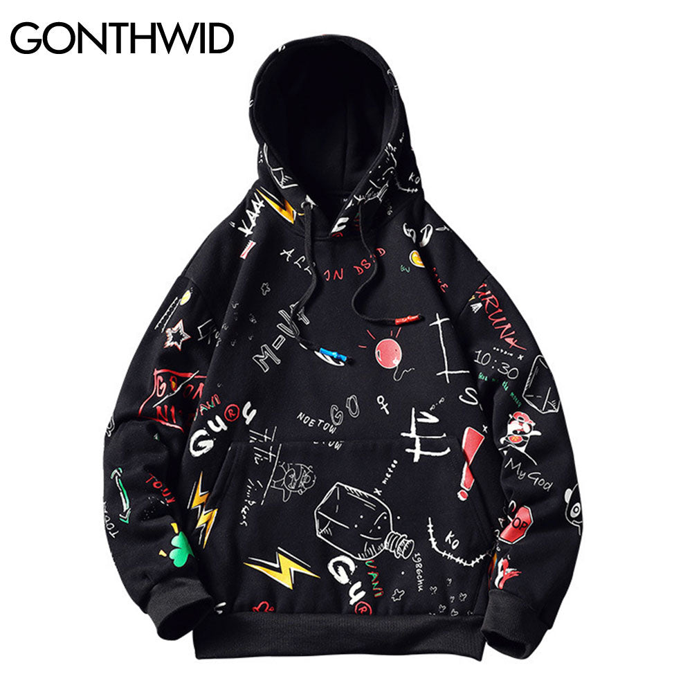 GONTHWID Japanese Anime Graffiti Print Hooded Sweatshirts Streetwear Hip Hop Harajuku Casual Pullover Hoodies Mens Fashion Tops