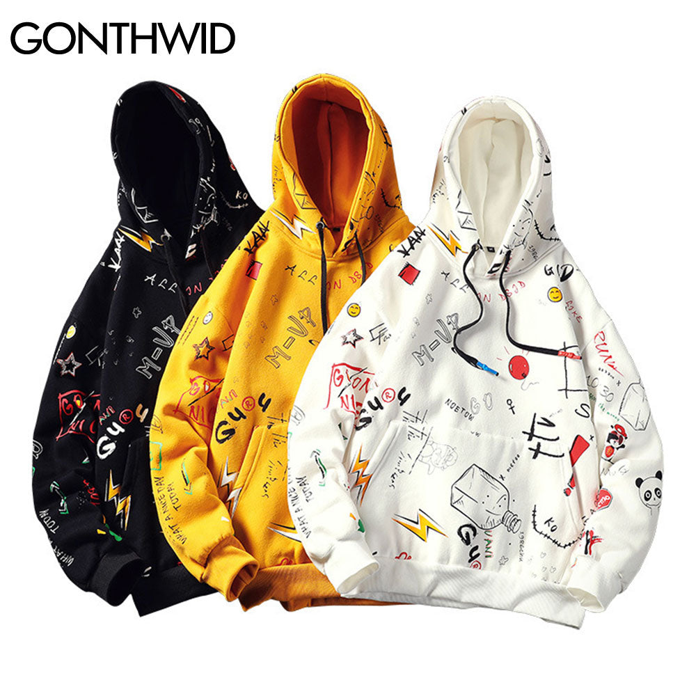 GONTHWID Japanese Anime Graffiti Print Hooded Sweatshirts Streetwear Hip Hop Harajuku Casual Pullover Hoodies Mens Fashion Tops