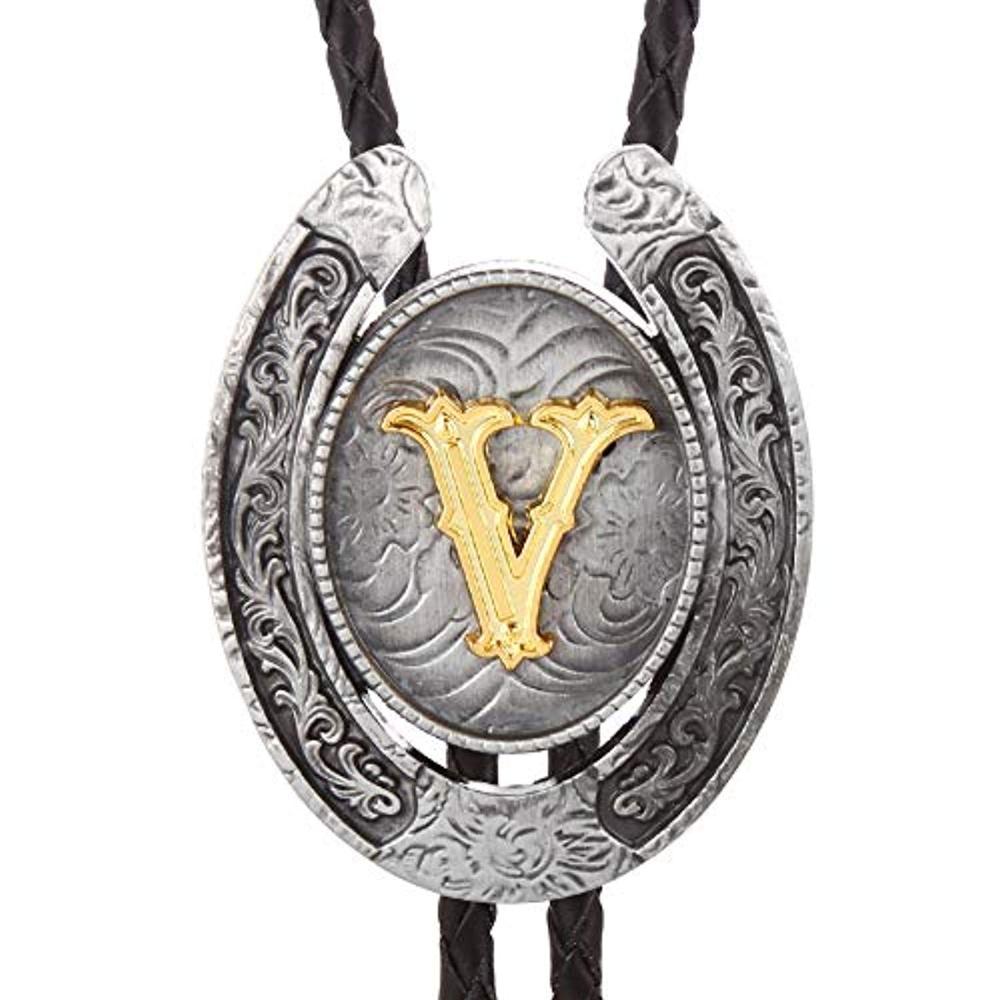 Vintage Gold Letter ABCDEFG-Z U shape bolo tie for man Indian cowboy western cowgirl leather rope zinc alloy necktie