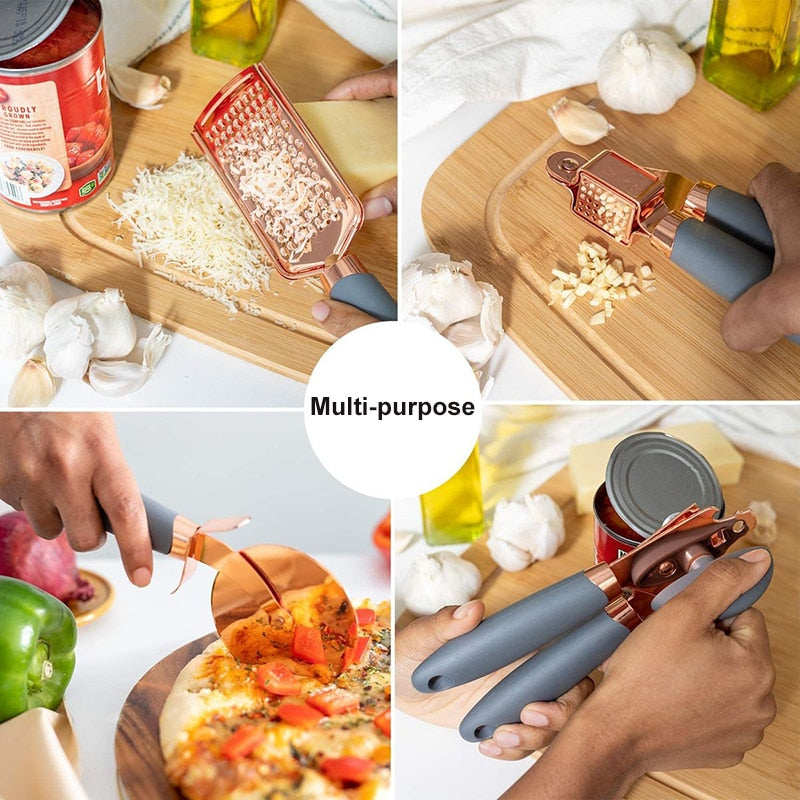 7-Piece Kitchen Gadgets Set Copper Coated Stainless Steel Utensils with Soft Touch Handles, Garlic Press Whisk Cheese Grater