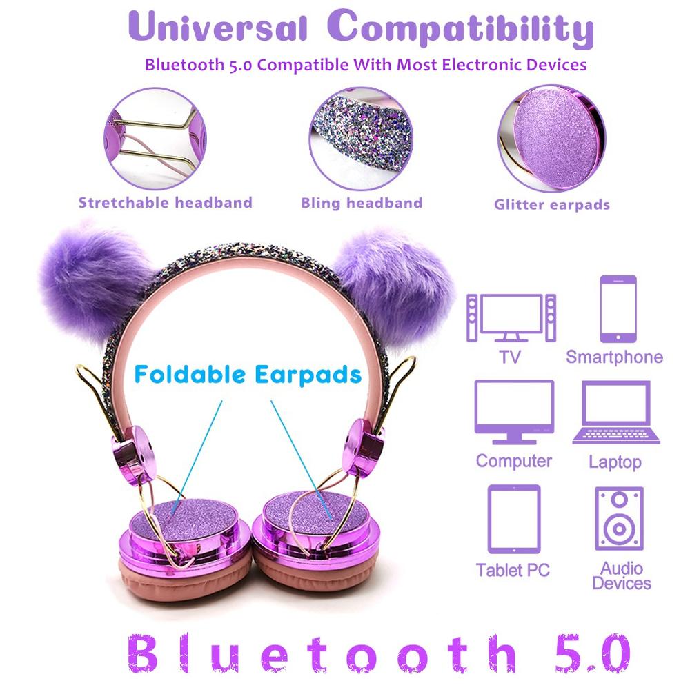 Bluetooth Cute Kids Wireless Headphone with Microphone Girls 3.5mm Music Stereo Earphone Computer Mobile Phone Cat Headphones