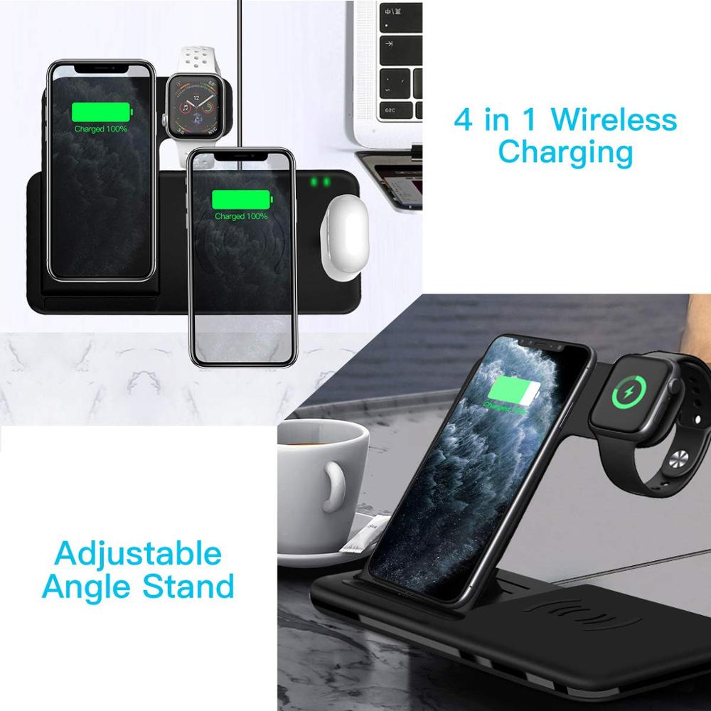 15W Qi Fast Wireless Charger Stand For iPhone 14 13 12 11 8 Apple Watch 4 in 1 Foldable Charging Station for Airpods Pro iWatch