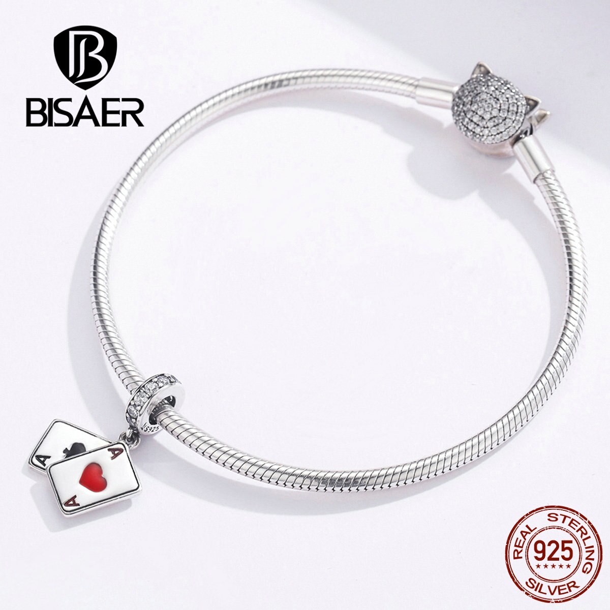 BISAER Poker Love Pendant 925 Sterling Silver Ace In Poker Love Charms Beads Fit For Bracelets Necklaces DIY Jewelry ECC1172