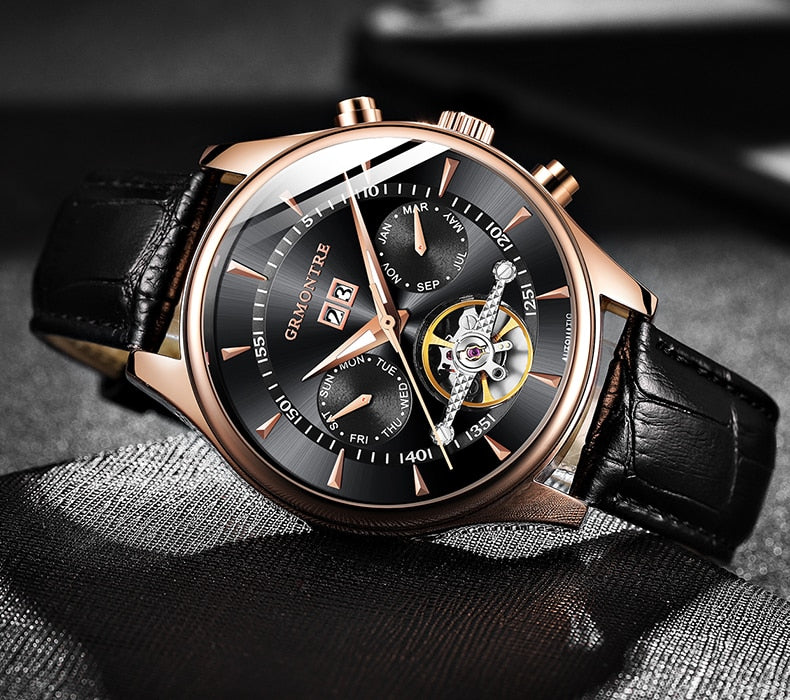 Skeleton Tourbillon Mechanical Watch Men Automatic Classic Rose Gold Leather Mechanical Wrist Watches Reloj Hombre 2018 Luxury