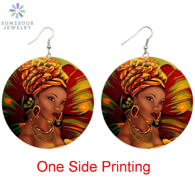 SOMESOOR Black Beauty Afro Art Wooden Drop Earrings African Flower Headwrap Woman 6cm Flat Round Handmade Dangle Jewelry Gifts