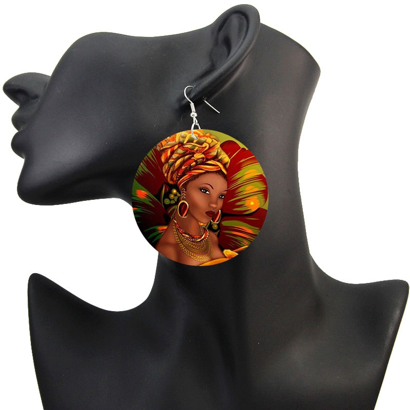 SOMESOOR Black Beauty Afro Art Wooden Drop Earrings African Flower Headwrap Woman 6cm Flat Round Handmade Dangle Jewelry Gifts