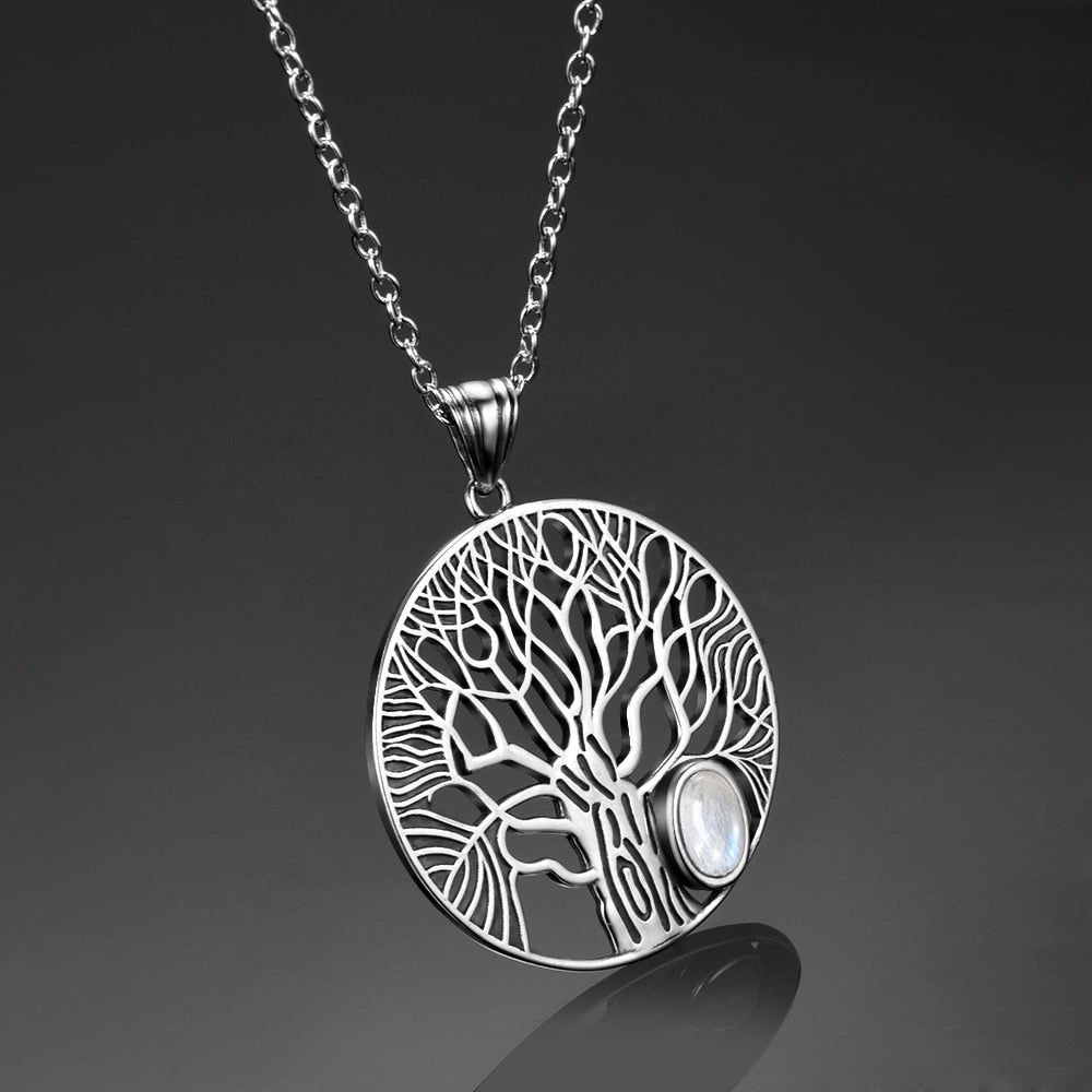 Natural Moonstone Tree Pendant  Necklace For Women Fine Sterling Silver 925 Jewelry Daily Life Birthday Anniversary Gift