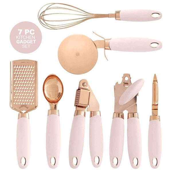 7-Piece Kitchen Gadgets Set Copper Coated Stainless Steel Utensils with Soft Touch Handles, Garlic Press Whisk Cheese Grater