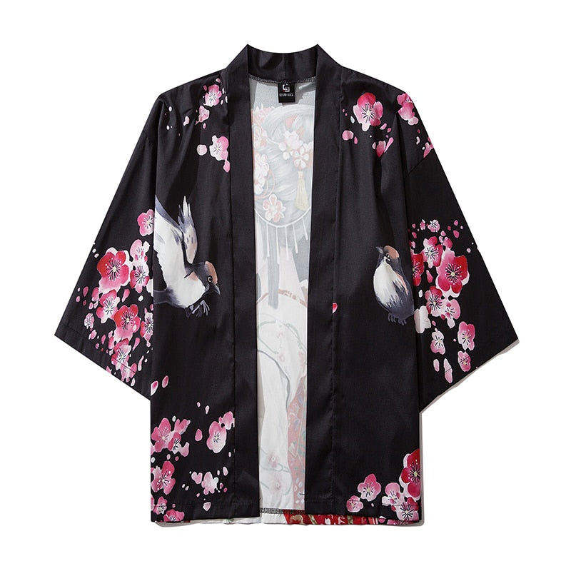 bebovizi Black Fashion Streetwear Beauty Print Kimono Cardigan Robe China Haori Obi Traditional Japanese Clothes for Women Men