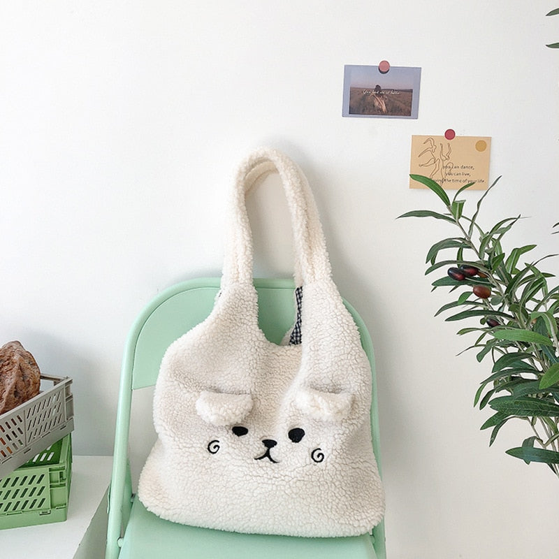 New Winter Soft Plush Tote Bag Women Cartoon Embroidery Imitation Lamb Hair Shoulder Bag For Women 2021 Shopper Bag Bolsa