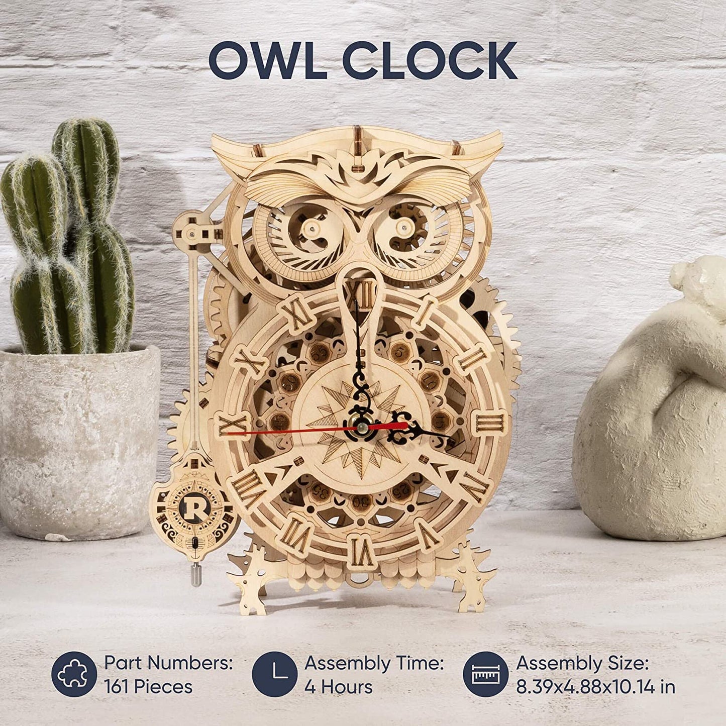 Robotime Rokr 161pcs Creative DIY 3D Owl Clock Wooden Model Building Block Kits Assembly Toy Gift for Children Adult LK503