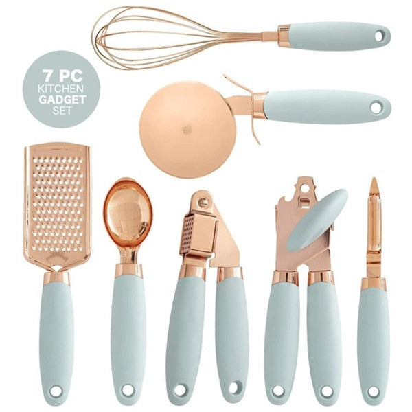 7-Piece Kitchen Gadgets Set Copper Coated Stainless Steel Utensils with Soft Touch Handles, Garlic Press Whisk Cheese Grater