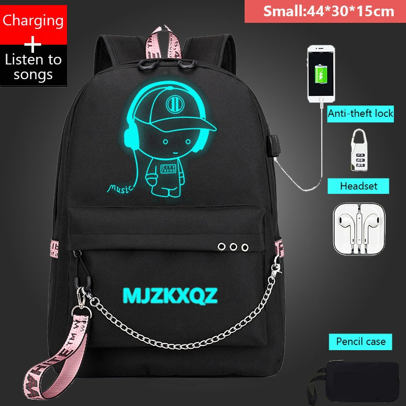 Mjzkxqz Student School Backpack Luminous USB Charge School Bag For Teenager Boy Anti-Theft Children&#39;s Schoolbags Laptop Backpack