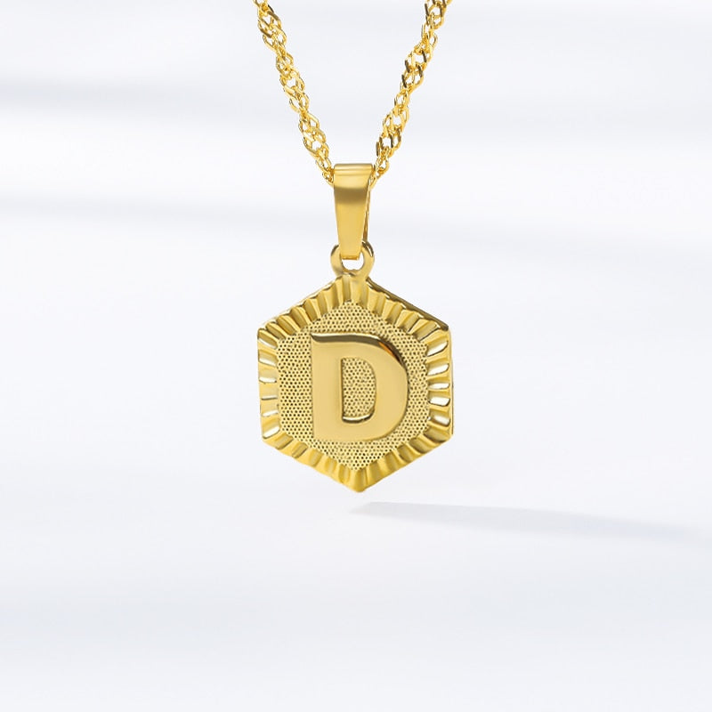 A-Z Letter Hexagon Initial Necklaces For Women Men Gold Color Stainless Steel Neck Chain Male Female Pendant Necklace Jewelry