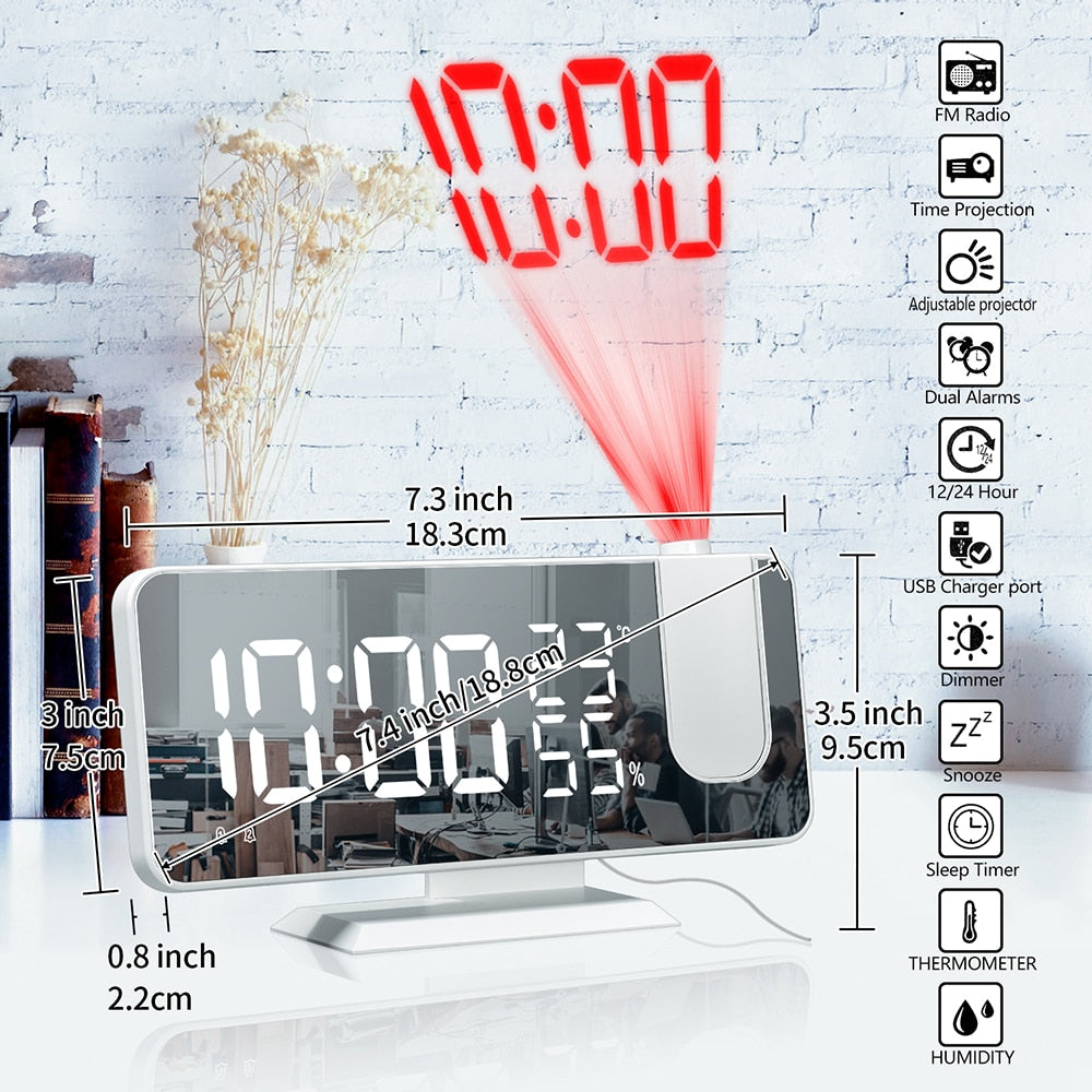 FM Radio LED Digital Smart Alarm Clock Watch Table Electronic Desktop Clocks USB Wake Up Clock with 180° Time Projection Snooze