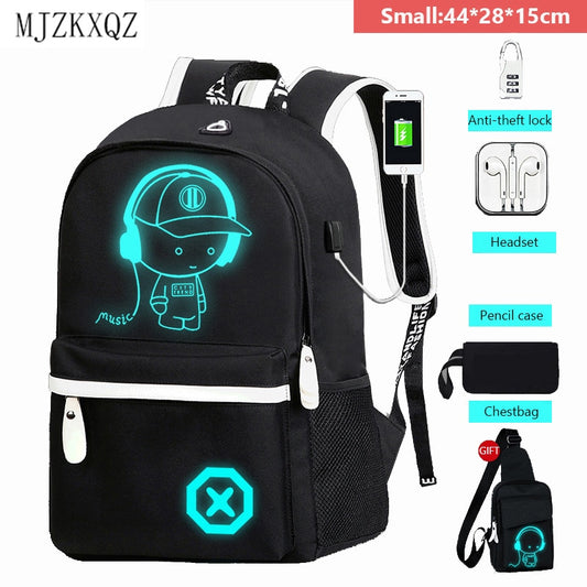 Mjzkxqz Student School Backpack Luminous USB Charge School Bag For Teenager Boy Anti-Theft Children&#39;s Schoolbags Laptop Backpack