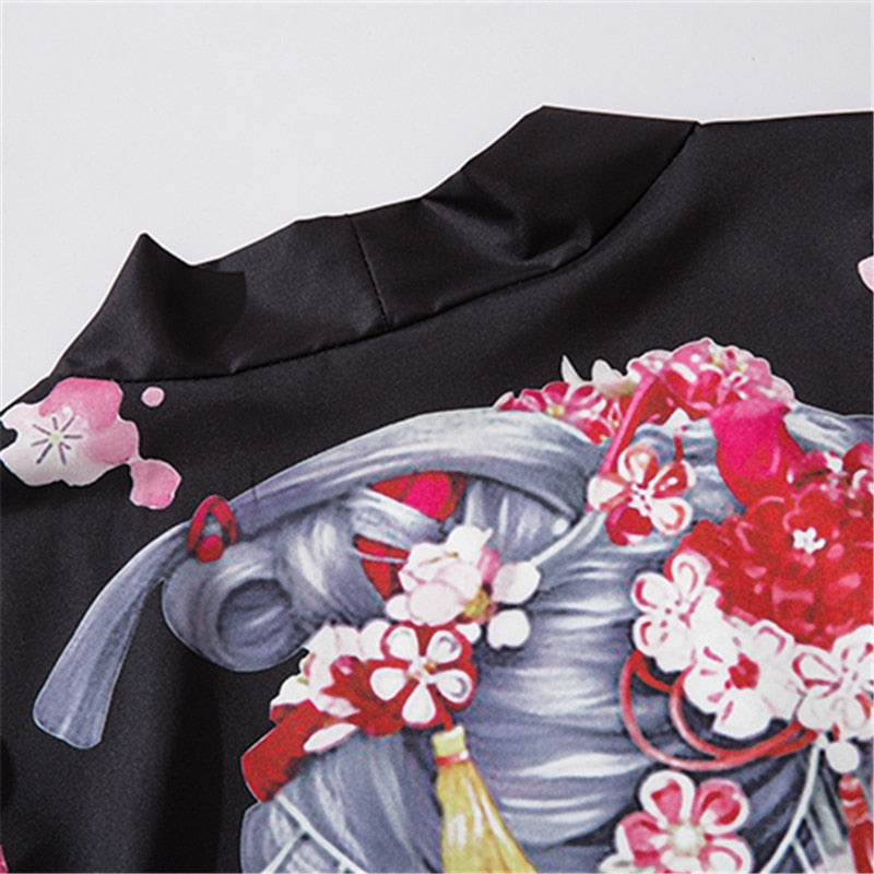 bebovizi Black Fashion Streetwear Beauty Print Kimono Cardigan Robe China Haori Obi Traditional Japanese Clothes for Women Men