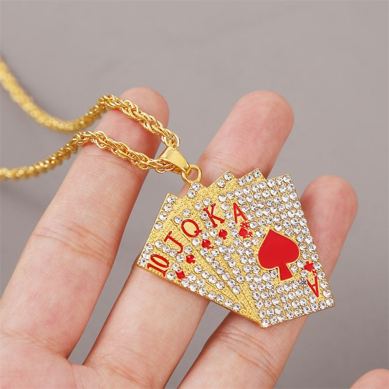 Hip Hop Jewelry Women Men Statement Enamel Playing Cards Pendants Necklaces Hip Hop Jewelry Fashion Gold Silver Color Necklace