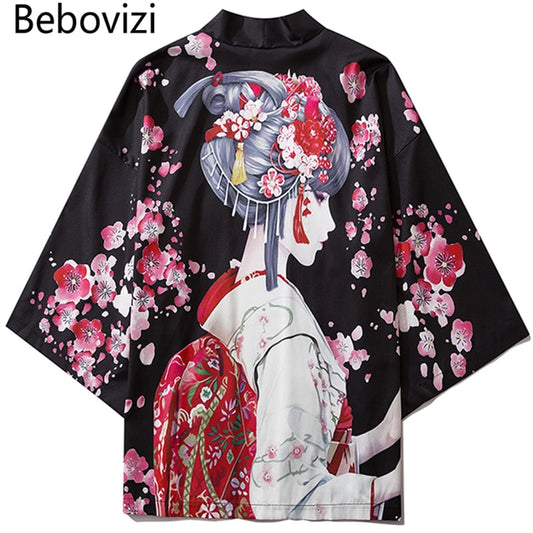 bebovizi Black Fashion Streetwear Beauty Print Kimono Cardigan Robe China Haori Obi Traditional Japanese Clothes for Women Men