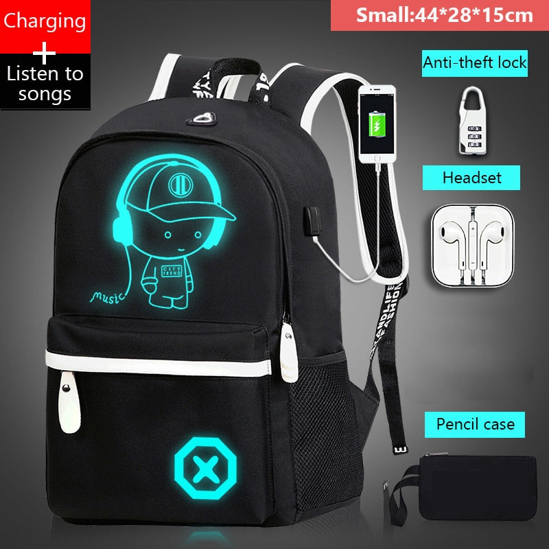 Mjzkxqz Student School Backpack Luminous USB Charge School Bag For Teenager Boy Anti-Theft Children&#39;s Schoolbags Laptop Backpack