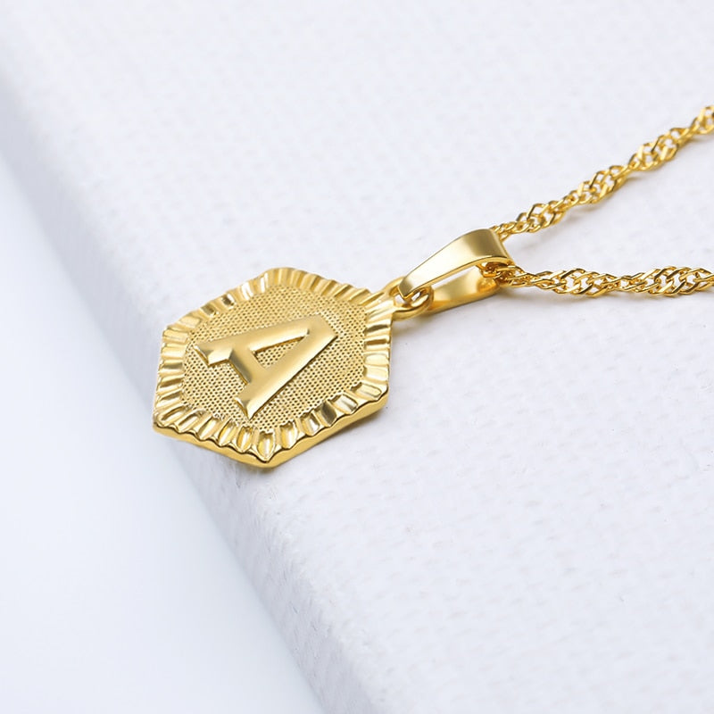 A-Z Letter Hexagon Initial Necklaces For Women Men Gold Color Stainless Steel Neck Chain Male Female Pendant Necklace Jewelry