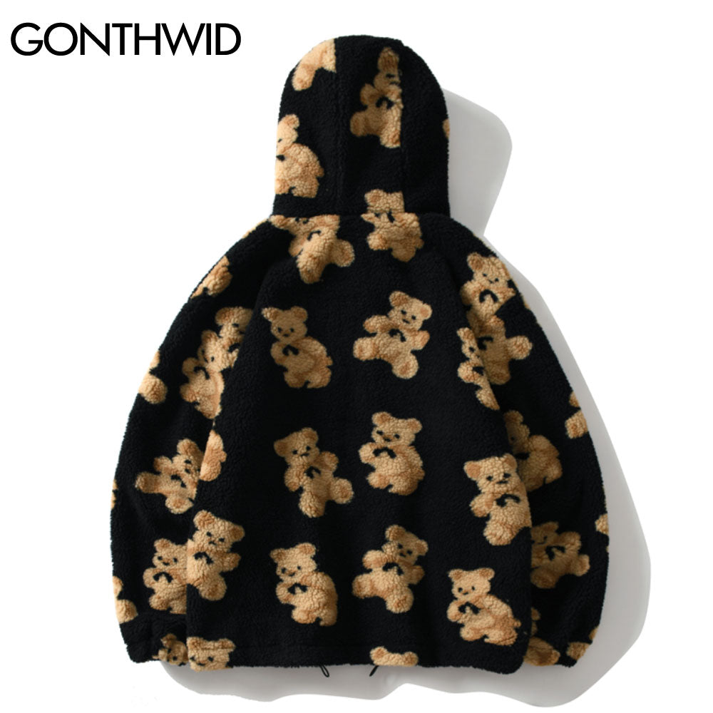 GONTHWID Fleece Hooded Jackets Streetwear Casual Harajuku Hip Hop Men Women Fashion Bear Print Full Zip Hooded Coat Tops Outwear