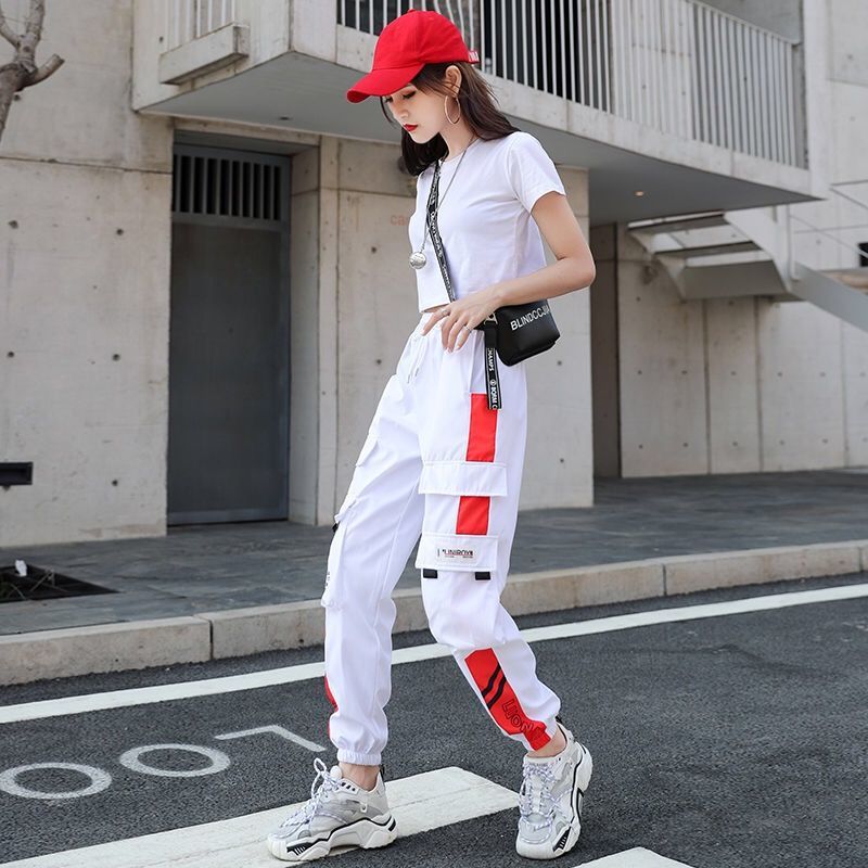 Cargo Pants Women&#39;s Summer Thin 2020 High Waist Loose Casual Sports Pants Trousers Women Lace Up Pants Black White Spliced Pants