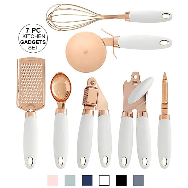 7-Piece Kitchen Gadgets Set Copper Coated Stainless Steel Utensils with Soft Touch Handles, Garlic Press Whisk Cheese Grater