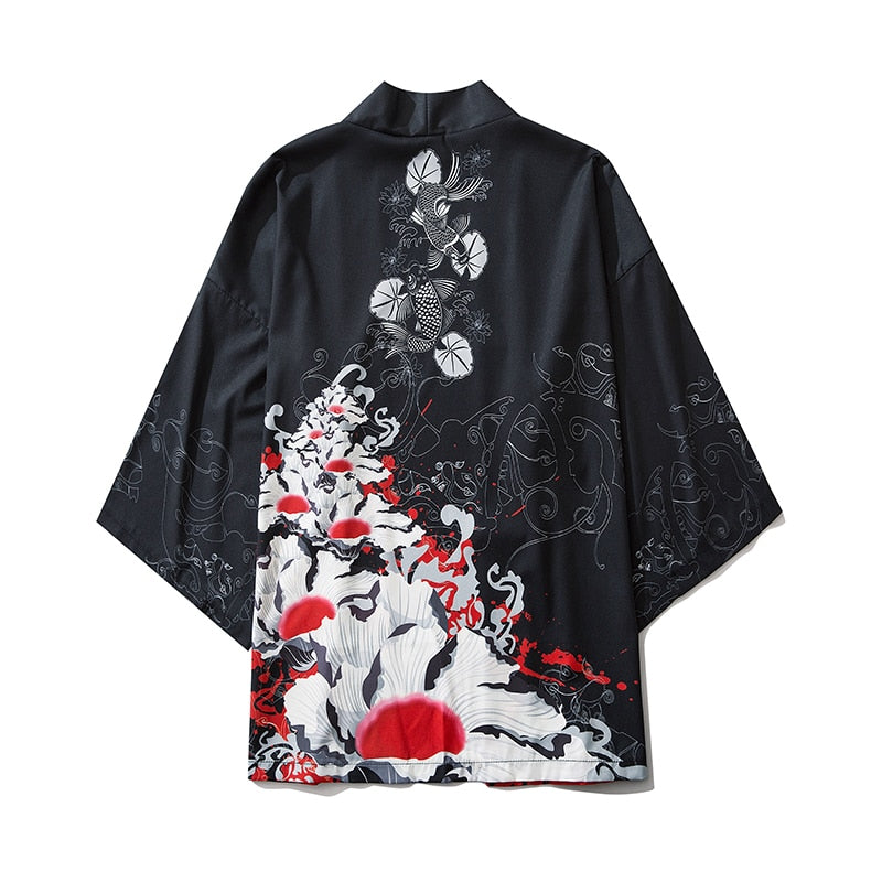 bebovizi Black Fashion Streetwear Beauty Print Kimono Cardigan Robe China Haori Obi Traditional Japanese Clothes for Women Men